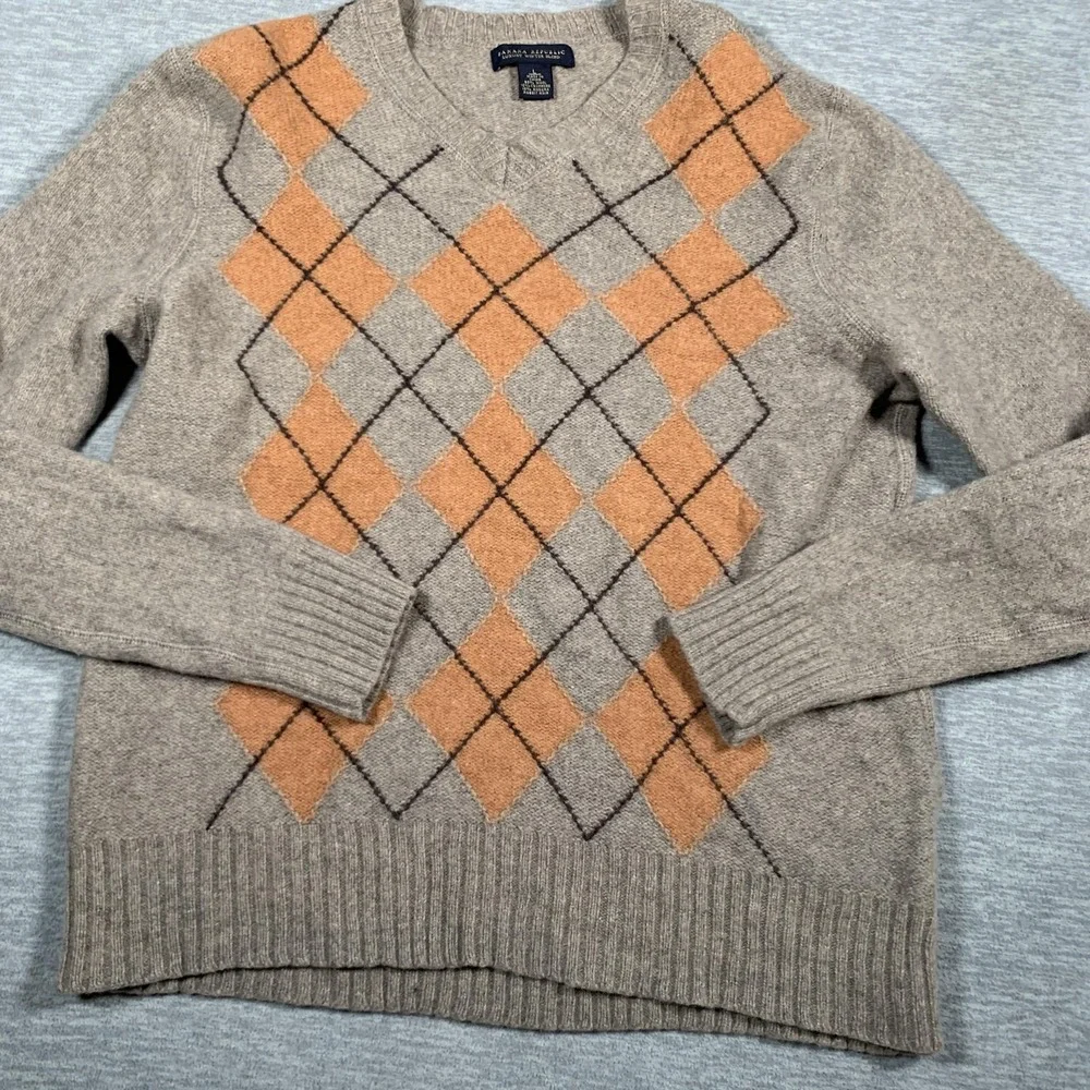 Banana Republic Sweater Mens Large Gray Orange‎ Argyle Wool Blend Pullover
